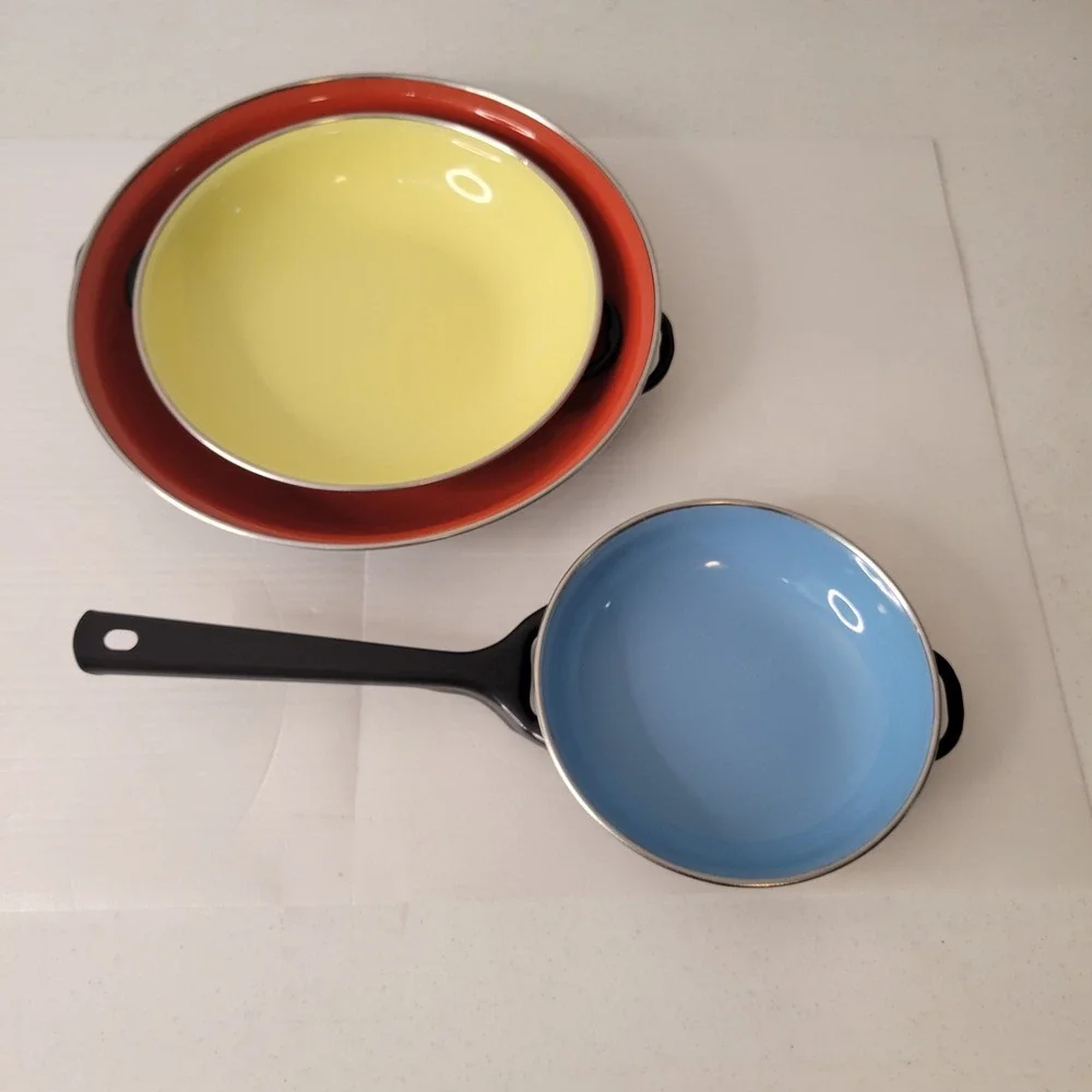 Vintage Enamelware Skillet Set 3pc Multi Color Yugoslavia Nesting Pans Handle